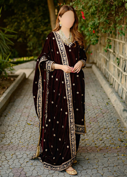 3 piece Velvet Suit- Embroidered ( Pret) BDB-11232205