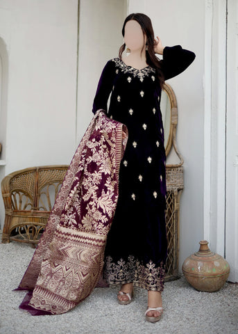 3 piece Velvet Suit- Embroidered ( Pret) BPL-11232209